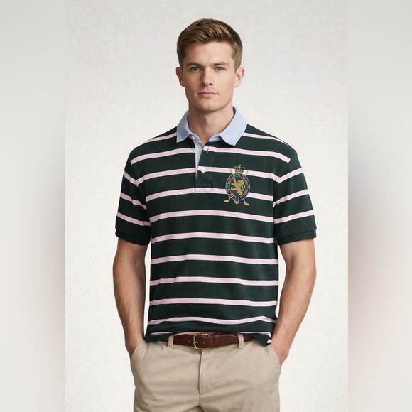 Polo Ralph Lauren Other - Polo Ralph Lauren Crest Striped Rugby Polo Green Pink Embroidered Logo Shirt